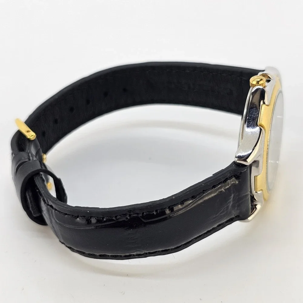 Men's Analog Dress Watch 37MM Light Gold Dial Black Leather Bands New Battery
